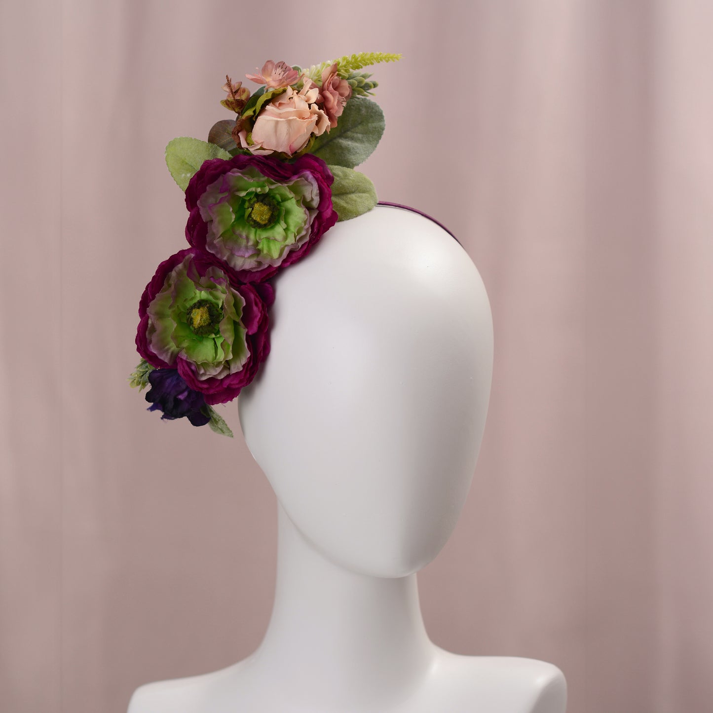 Sculptural Plum and Peach Flower Headpiece