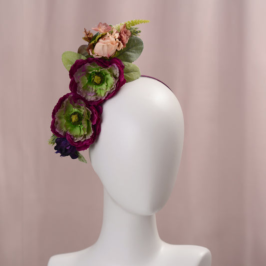 Sculptural Plum and Peach Flower Headpiece