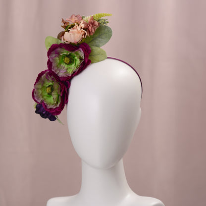 Sculptural Plum and Peach Flower Headpiece