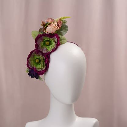 Sculptural Plum and Peach Flower Headpiece
