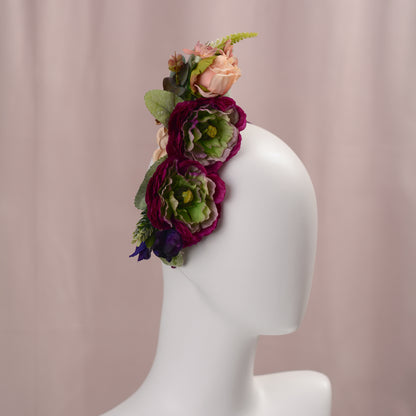 Sculptural Plum and Peach Flower Headpiece