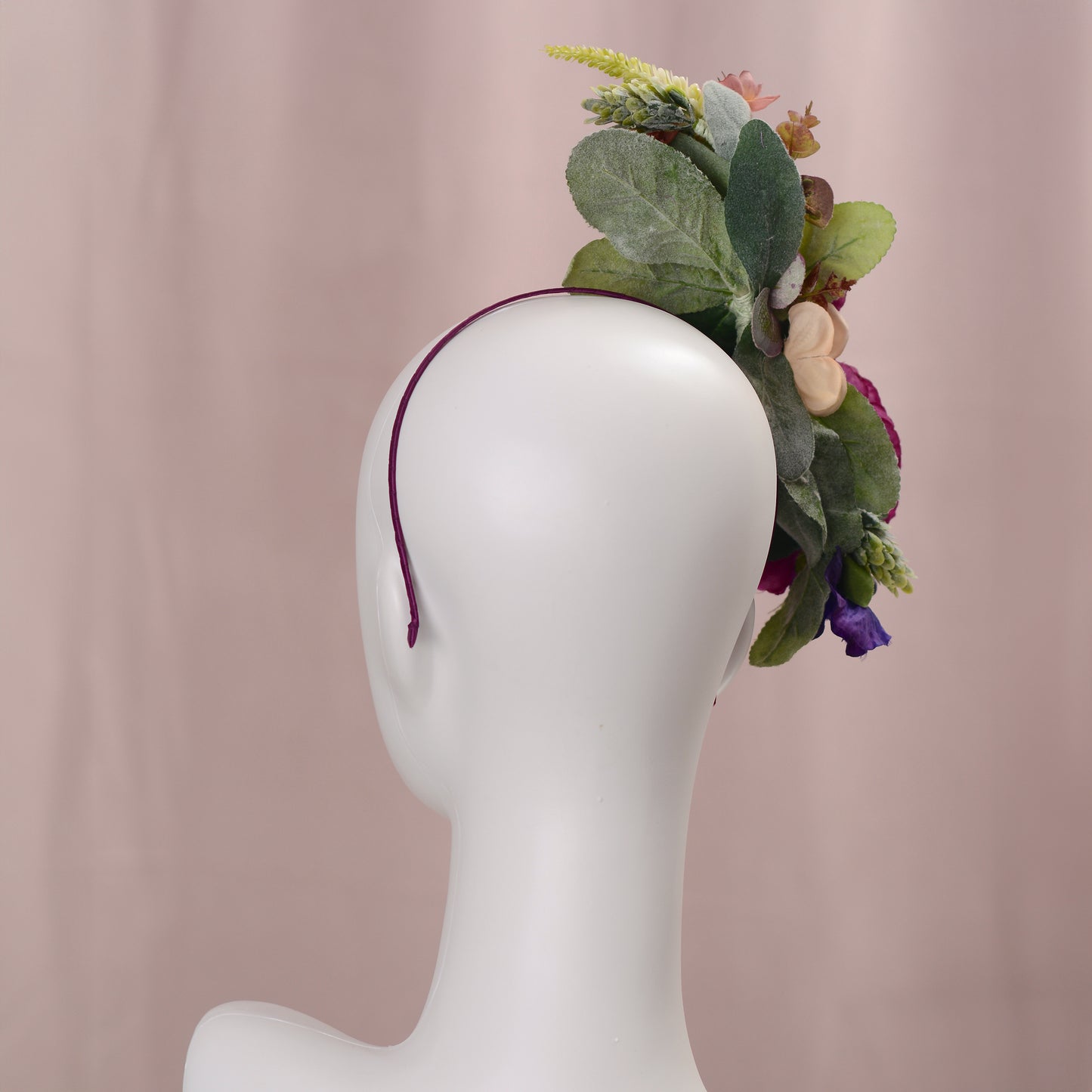 Sculptural Plum and Peach Flower Headpiece