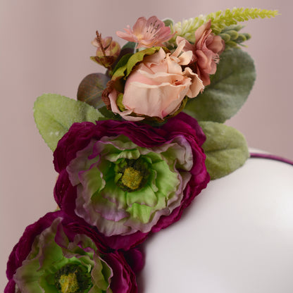 Sculptural Plum and Peach Flower Headpiece
