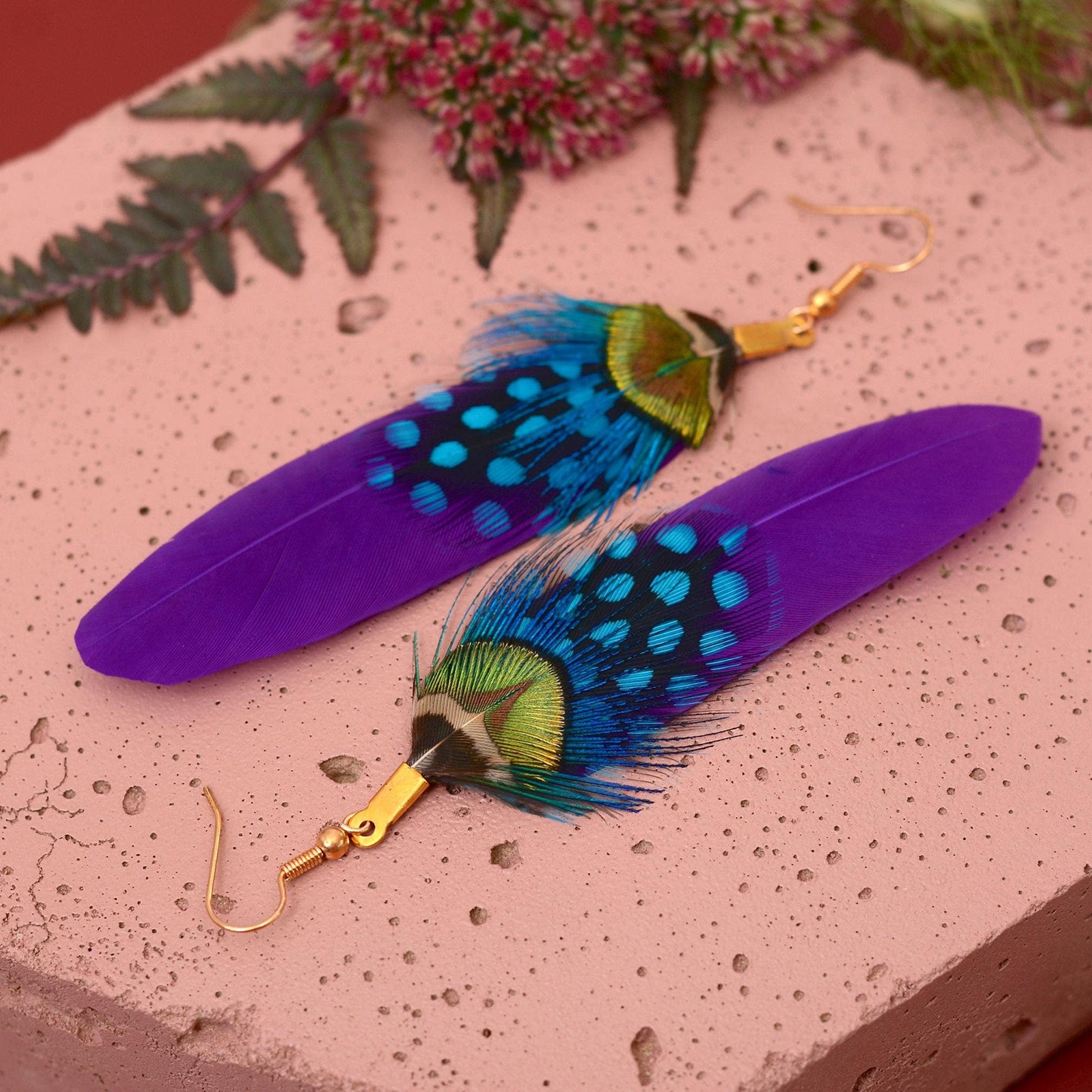 Purple Feather Earrings | Peacock Feather Earrings| Festival Earrings | Feather Jewellery | Festival Jewellery | Bohemian | Drop Earrings