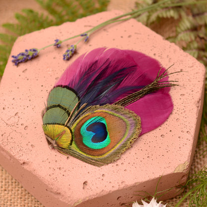 Purple and peacock eye feather hair clip on a pink  textured  stone background with flowers and plants.