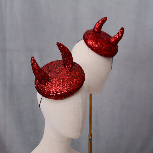 Lillith - Red Devil Sequin Beret Hat Button Fascinator - Devil Costume - Halloween
