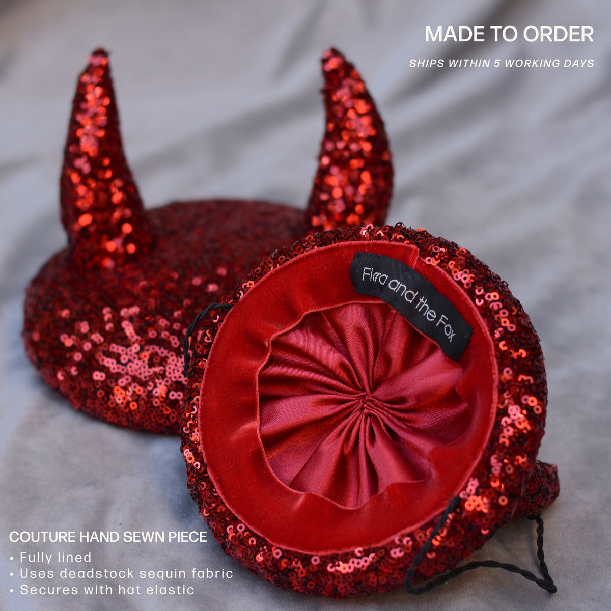 red sequin devil fascinator with satin lining