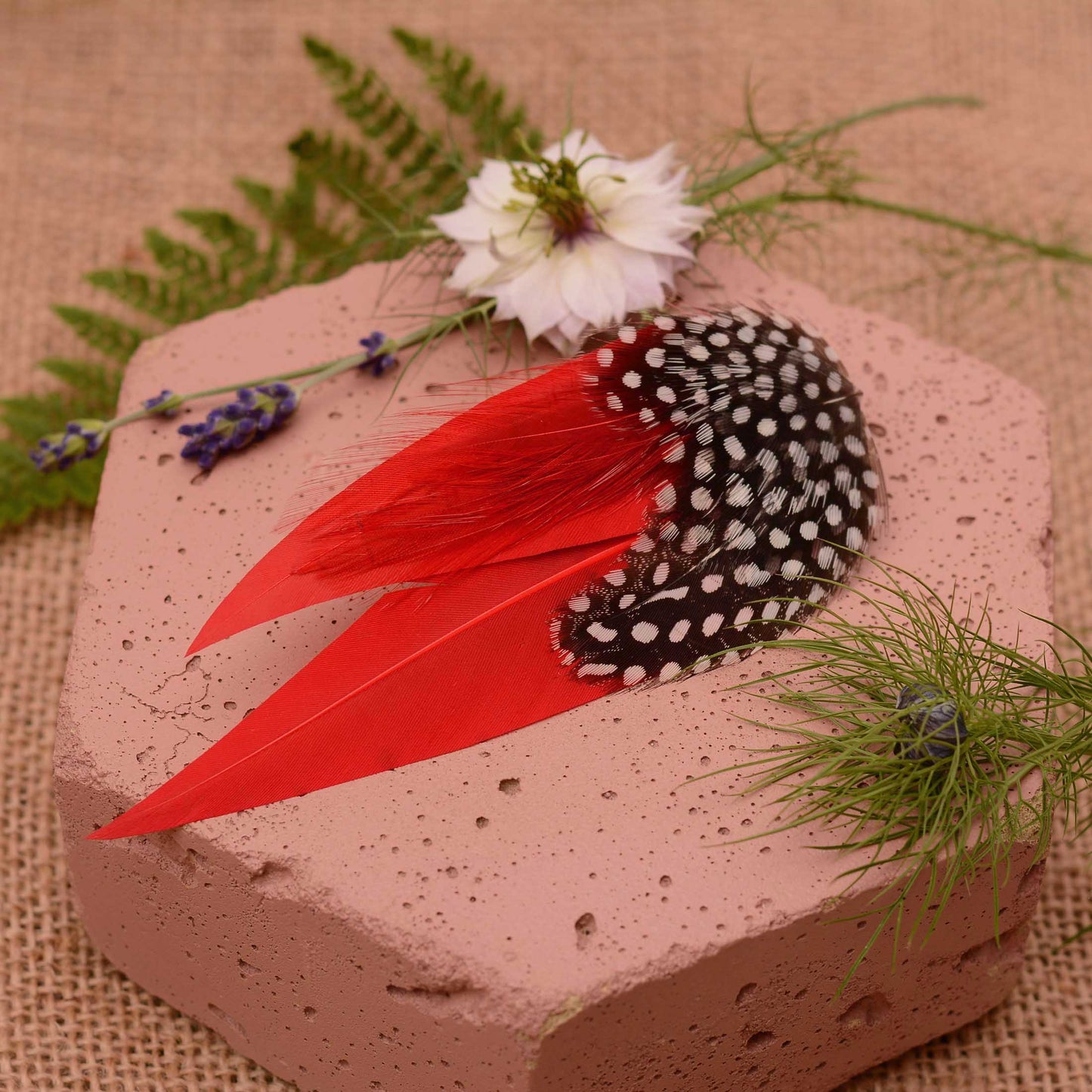 A decorative feather  hair ornament with black and white polka dot feathers, on pointed red feathers, displayed on a pink stone with flowers and greenery.