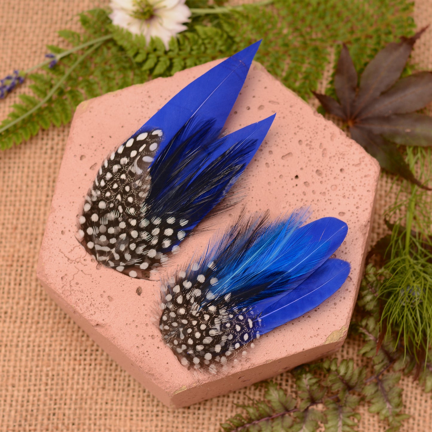 Cobalt Blue and Polka Dot Feather Hair Clip