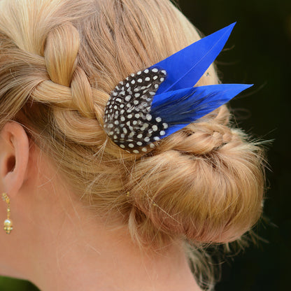 Blue feather hair clip with black and white pattern on a braided hairstyle against a dark background