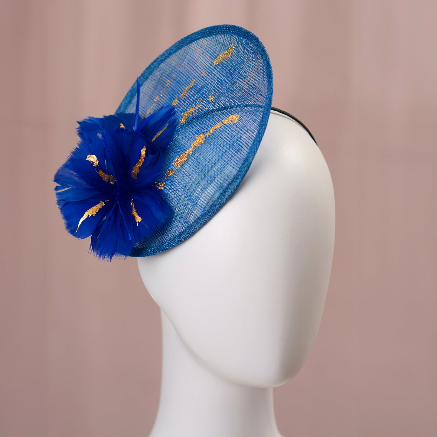 Cobalt Blue Side Perching Disc Fascinator with Gold Leafing