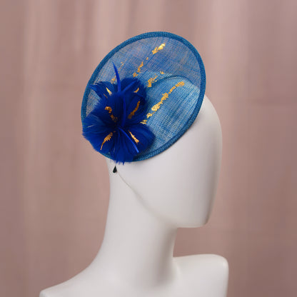 Cobalt Blue Side Perching Disc Fascinator with Gold Leafing