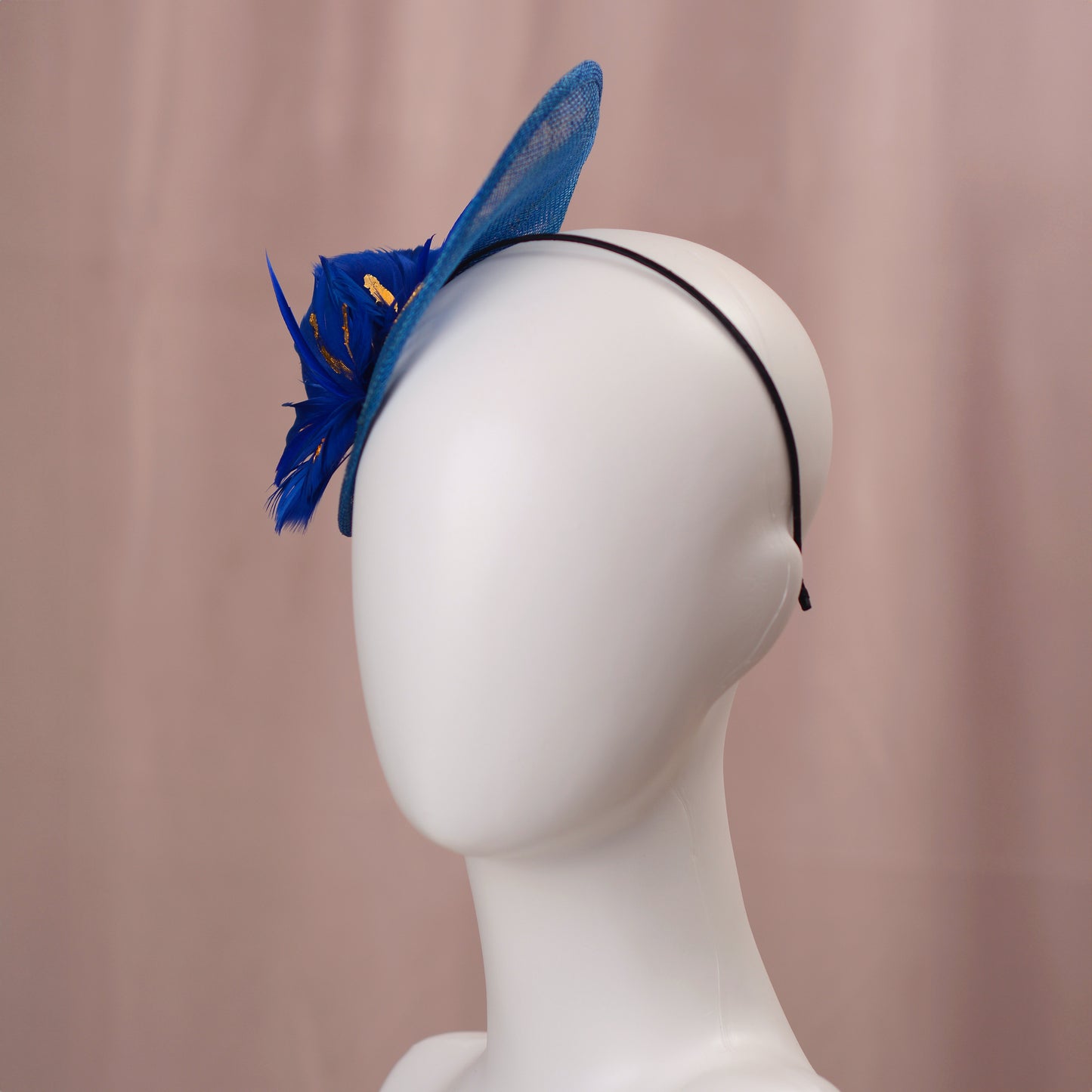 Cobalt Blue Side Perching Disc Fascinator with Gold Leafing