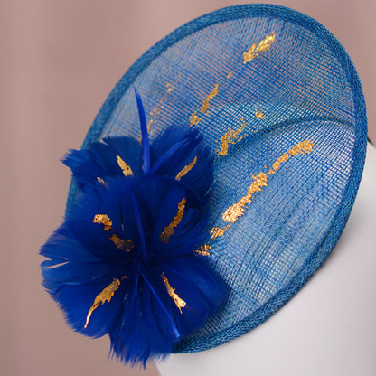 Cobalt Blue Side Perching Disc Fascinator with Gold Leafing
