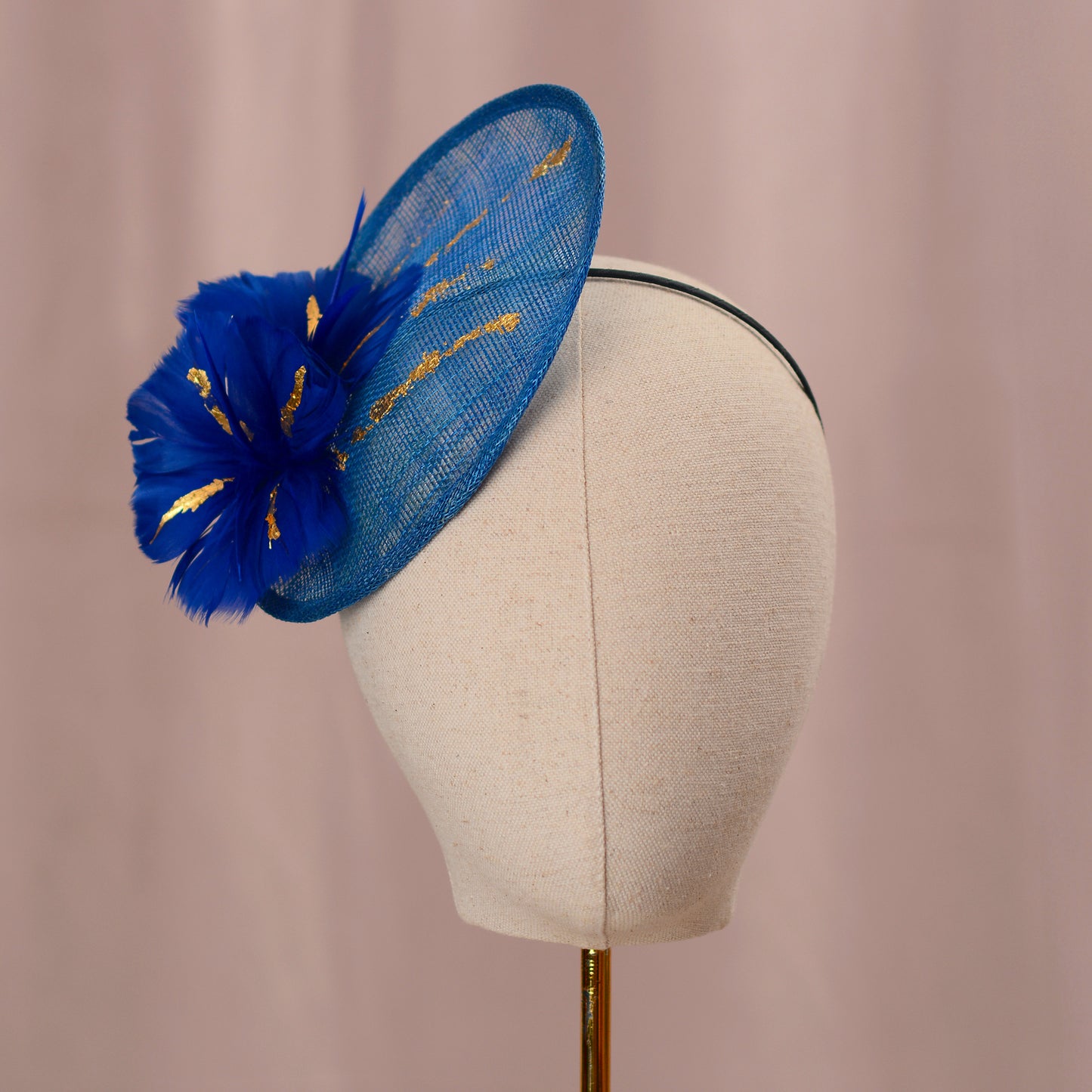 Cobalt Blue Side Perching Disc Fascinator with Gold Leafing