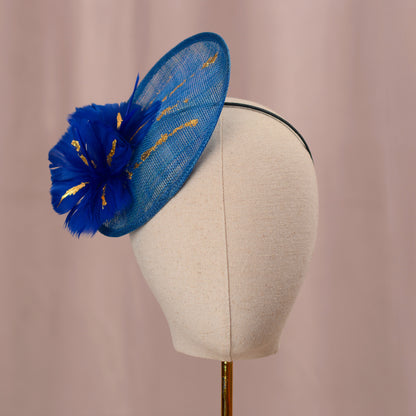 Cobalt Blue Side Perching Disc Fascinator with Gold Leafing