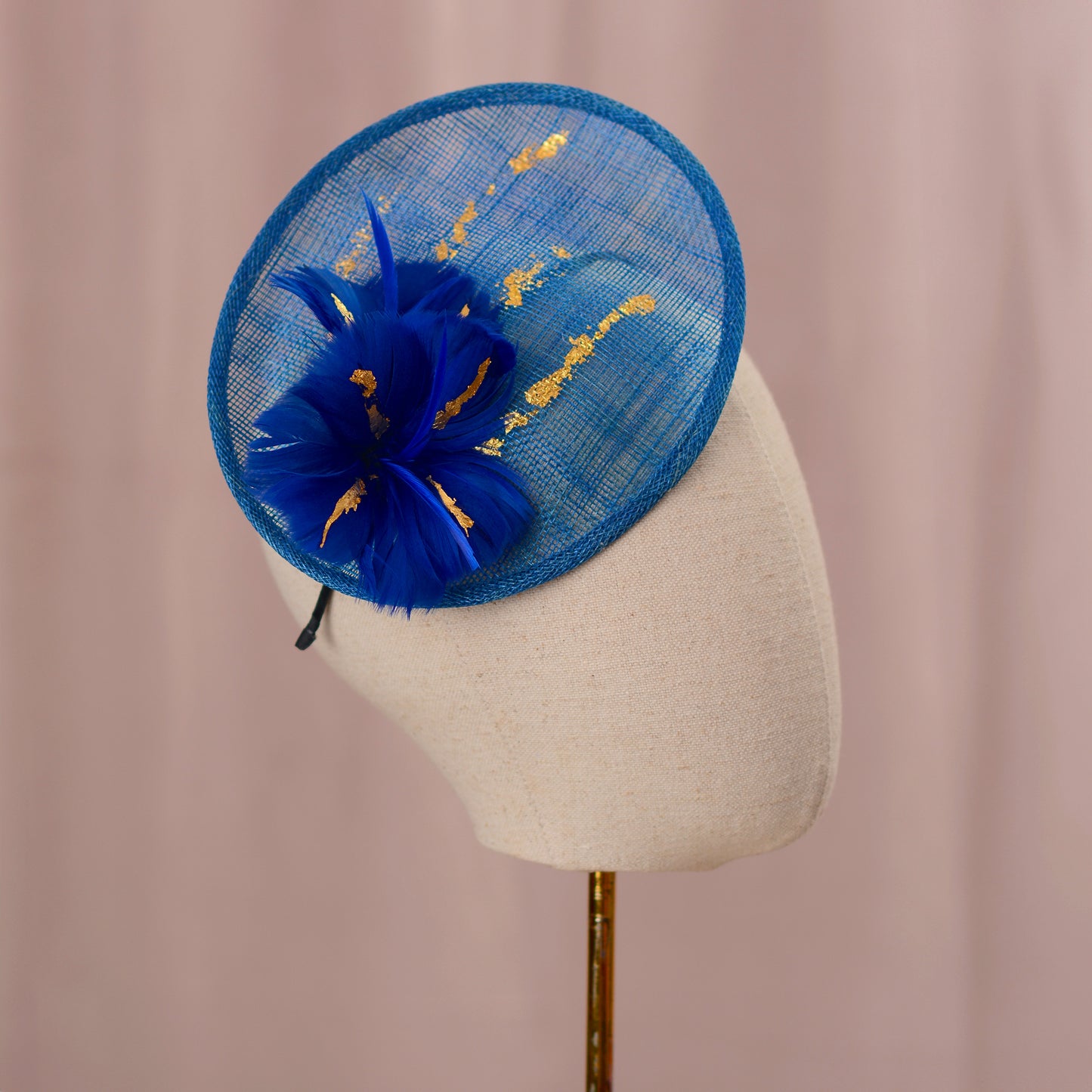 Cobalt Blue Side Perching Disc Fascinator with Gold Leafing