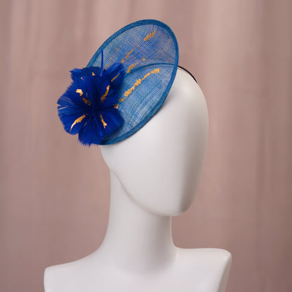 Cobalt Blue Side Perching Disc Fascinator with Gold Leafing