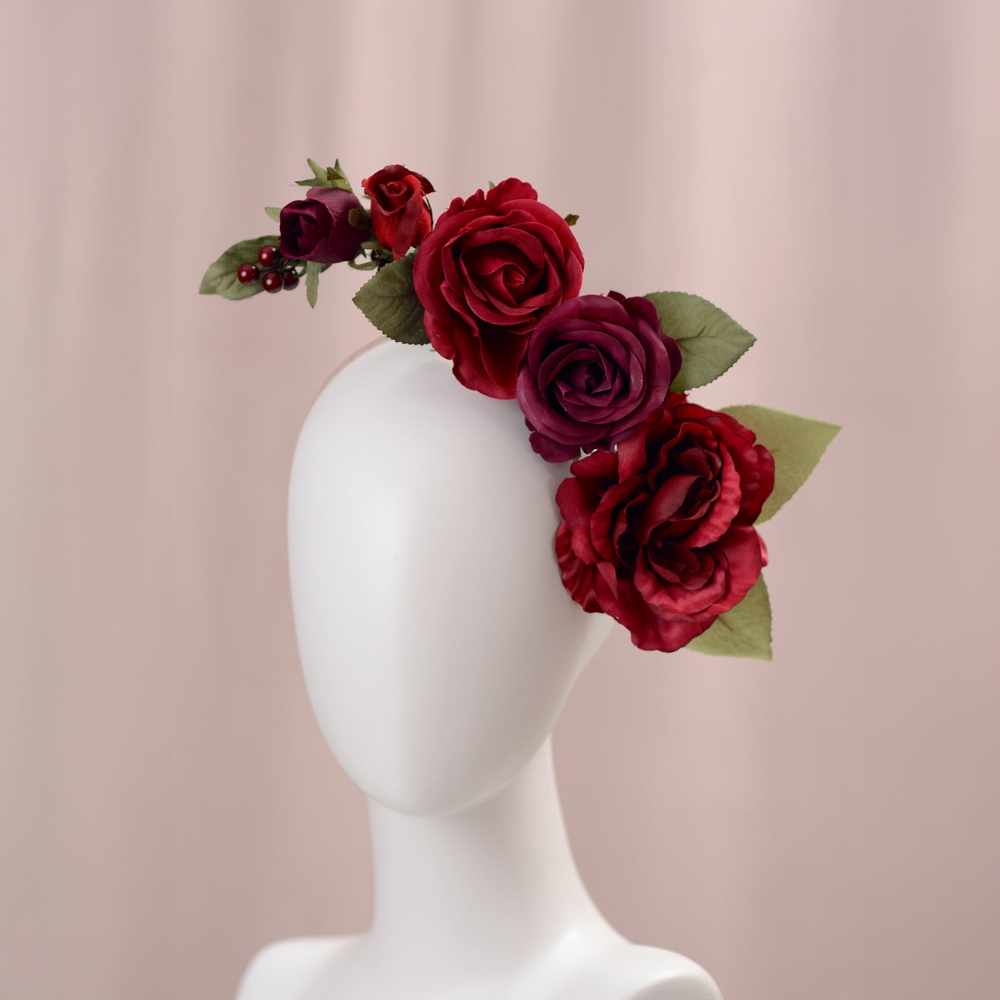 Sculptural Crimson and Plum Roses Headpiece