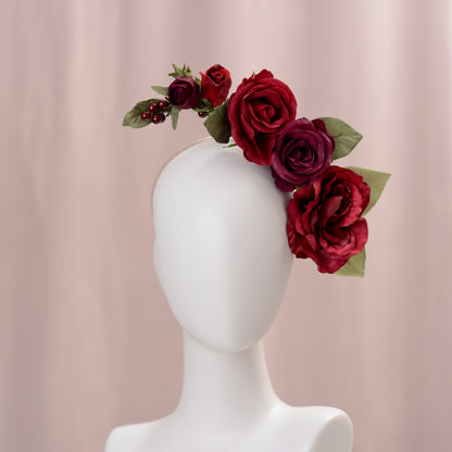 Sculptural Crimson and Plum Roses Headpiece
