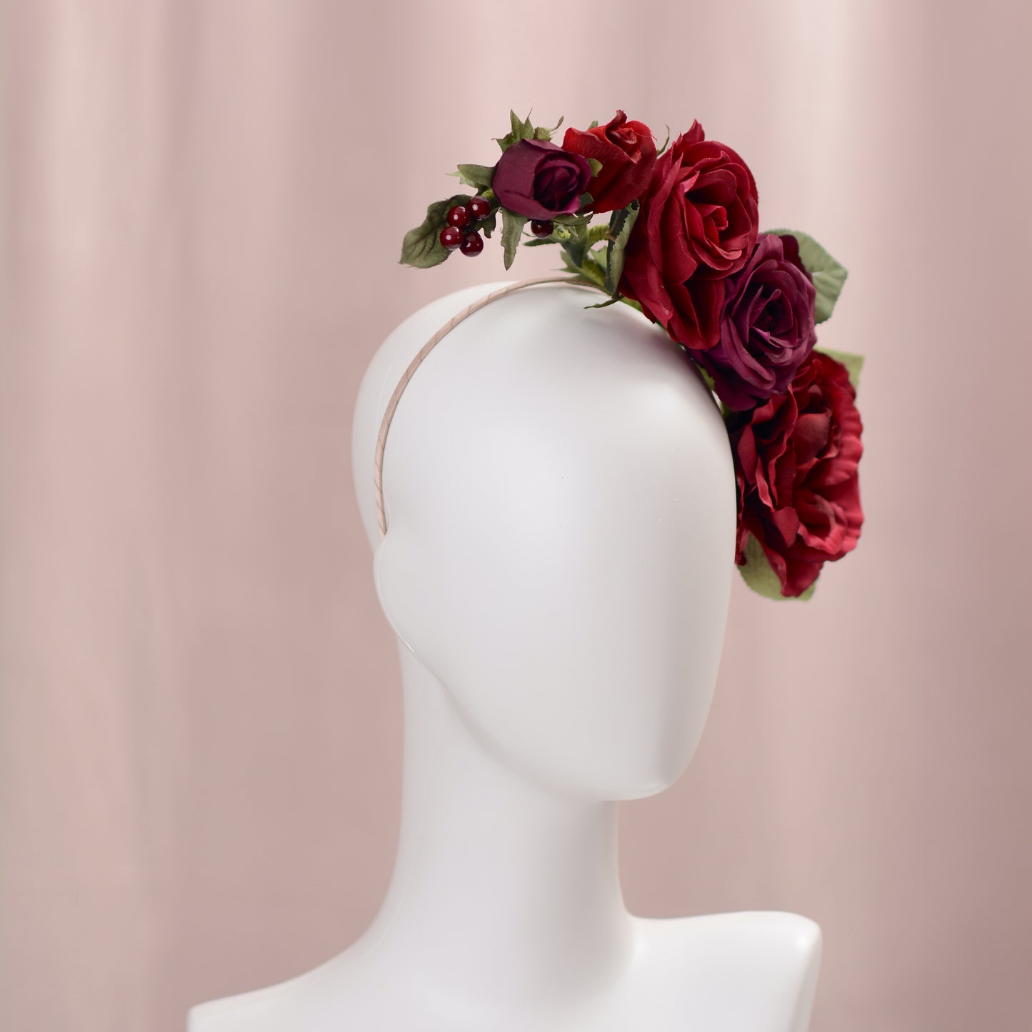 Sculptural Crimson and Plum Roses Headpiece