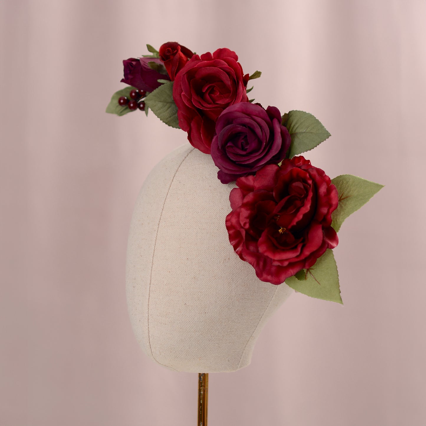 Sculptural Crimson and Plum Roses Headpiece