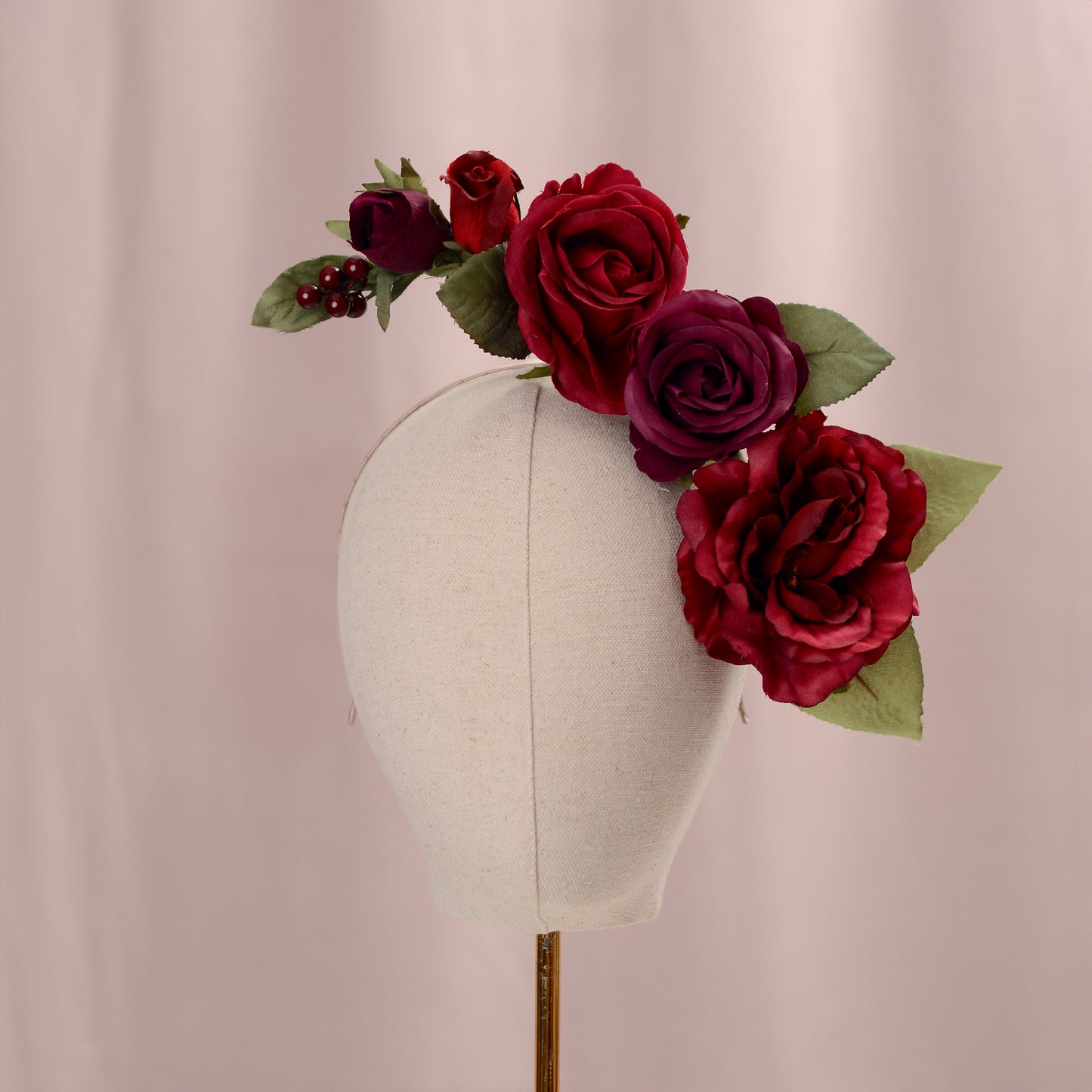 Sculptural Crimson and Plum Roses Headpiece