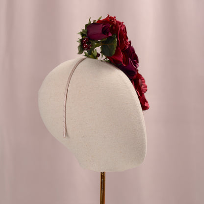 Sculptural Crimson and Plum Roses Headpiece