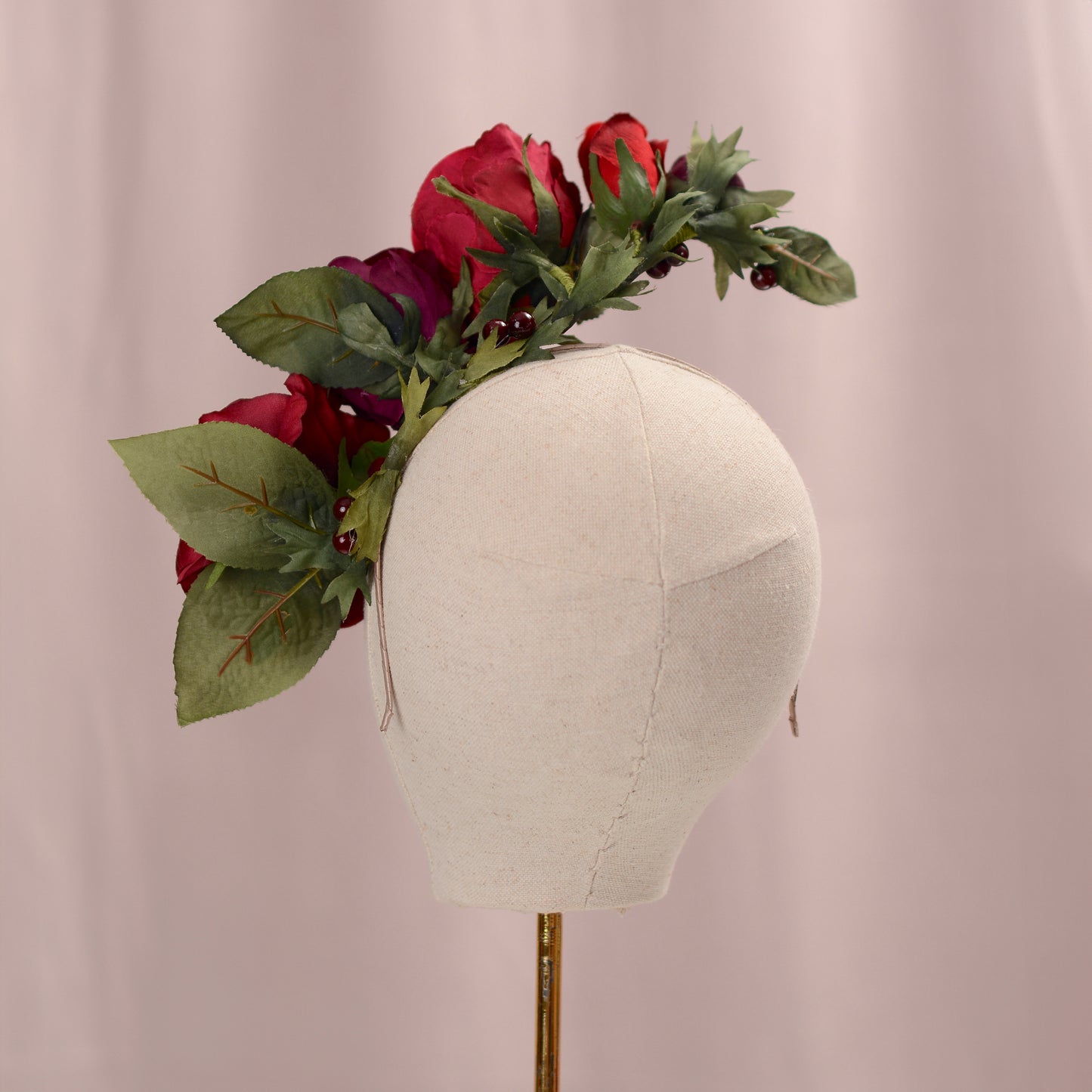 Sculptural Crimson and Plum Roses Headpiece