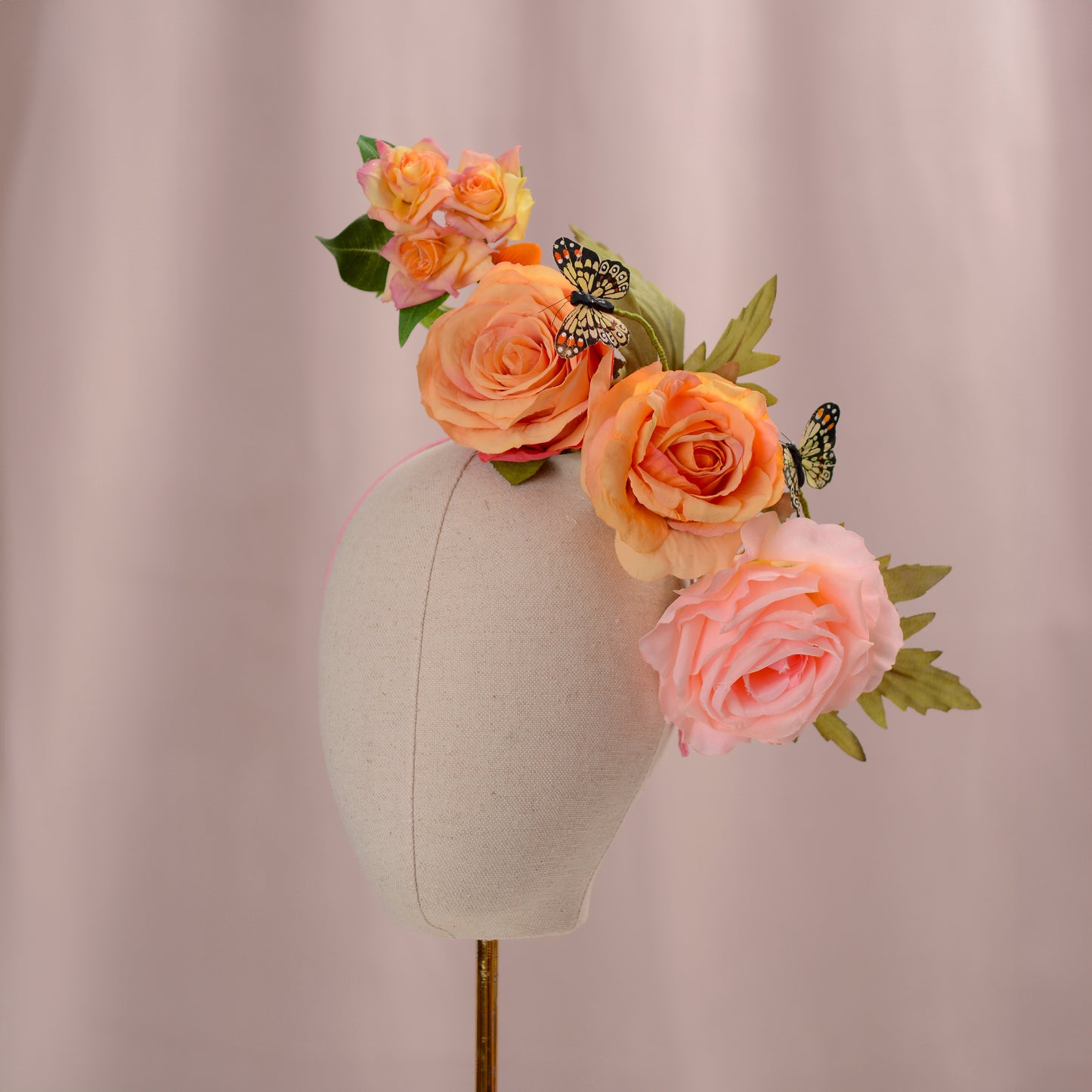 Sculptural Roses Headpiece in Pink and Orange