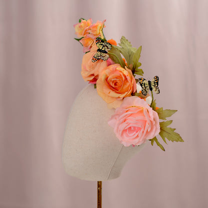 Sculptural Roses Headpiece in Pink and Orange