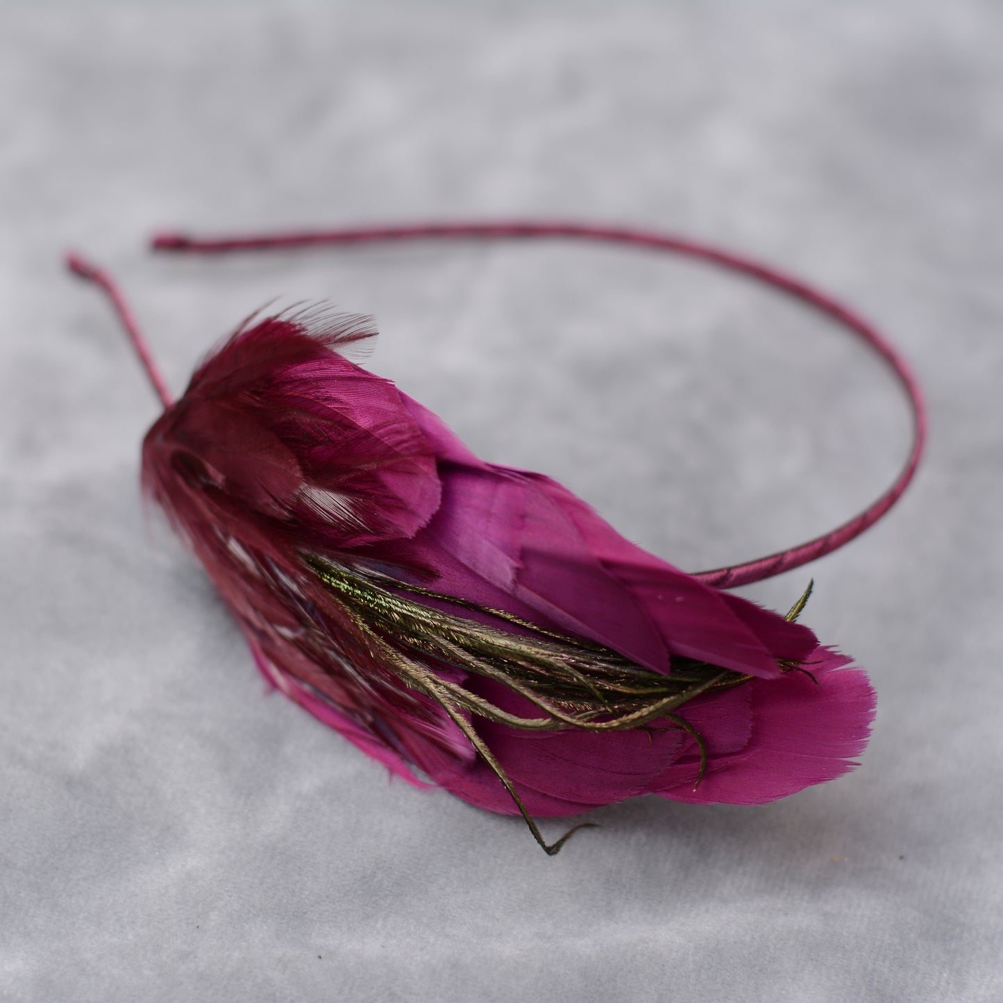 Side Perching Feather Fascinator Headband in Teal, Navy Blue, Plum, Red, Green or Black