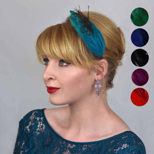 Side Perching Feather Fascinator Headband in Teal, Navy Blue, Plum, Red, Green or Black