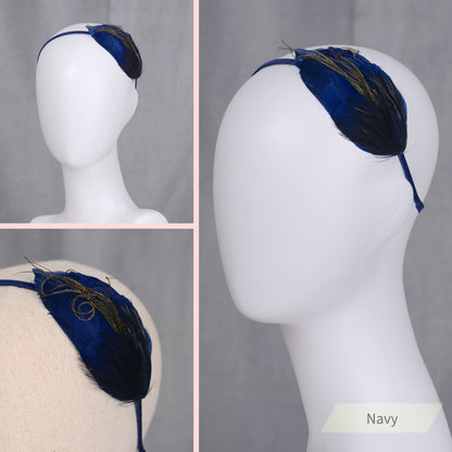 Side Perching Feather Fascinator Headband in Teal, Navy Blue, Plum, Red, Green or Black