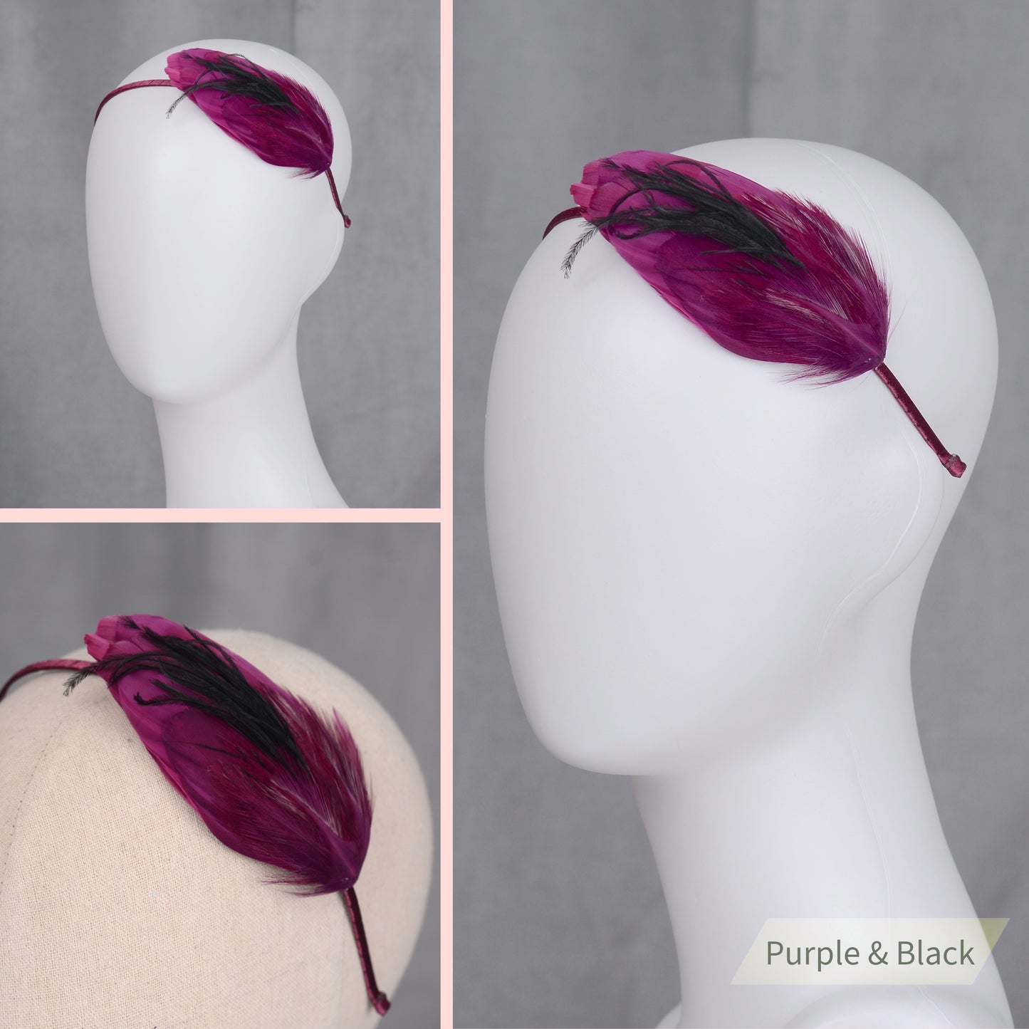 Side Perching Feather Fascinator Headband in Teal, Navy Blue, Plum, Red, Green or Black