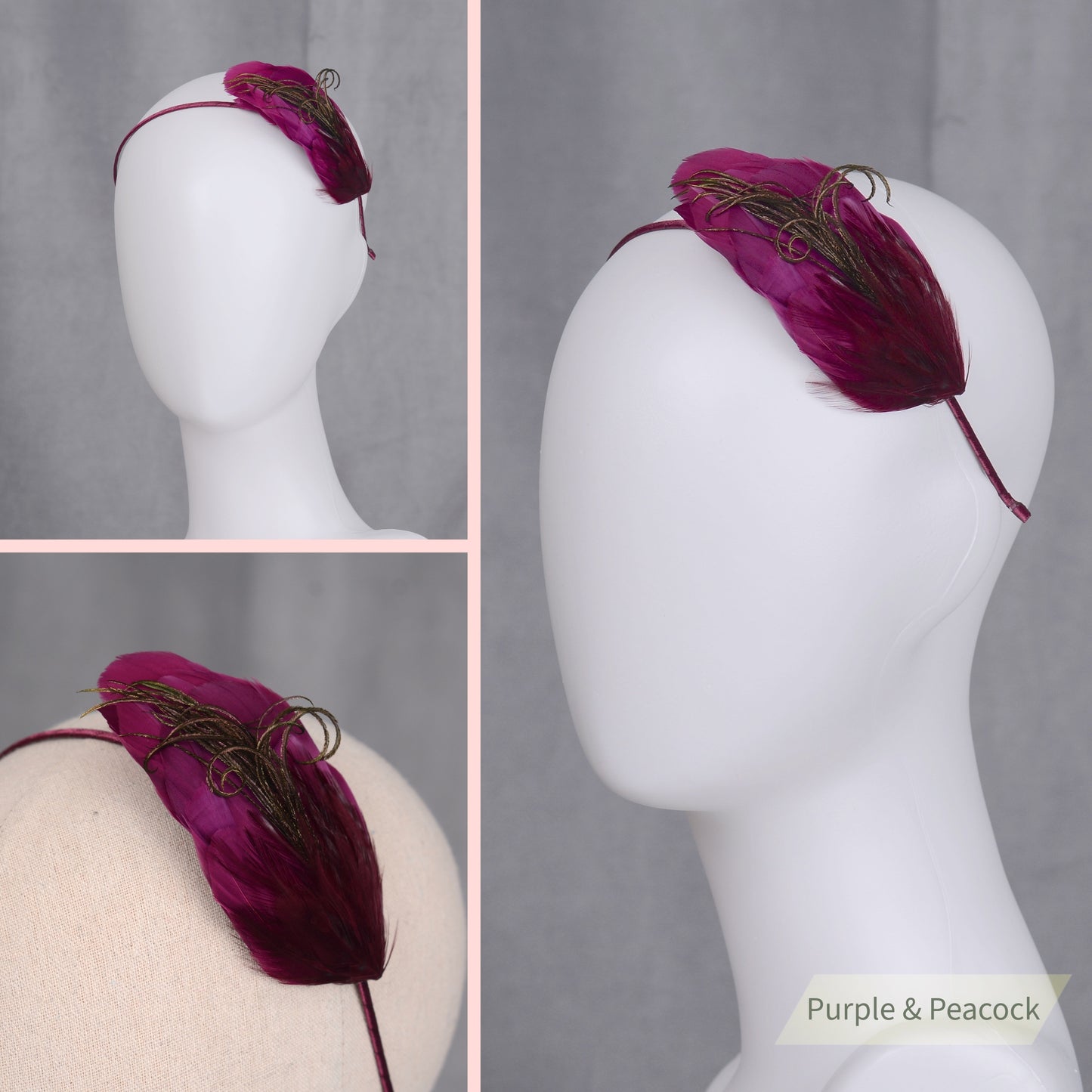Side Perching Feather Fascinator Headband in Teal, Navy Blue, Plum, Red, Green or Black