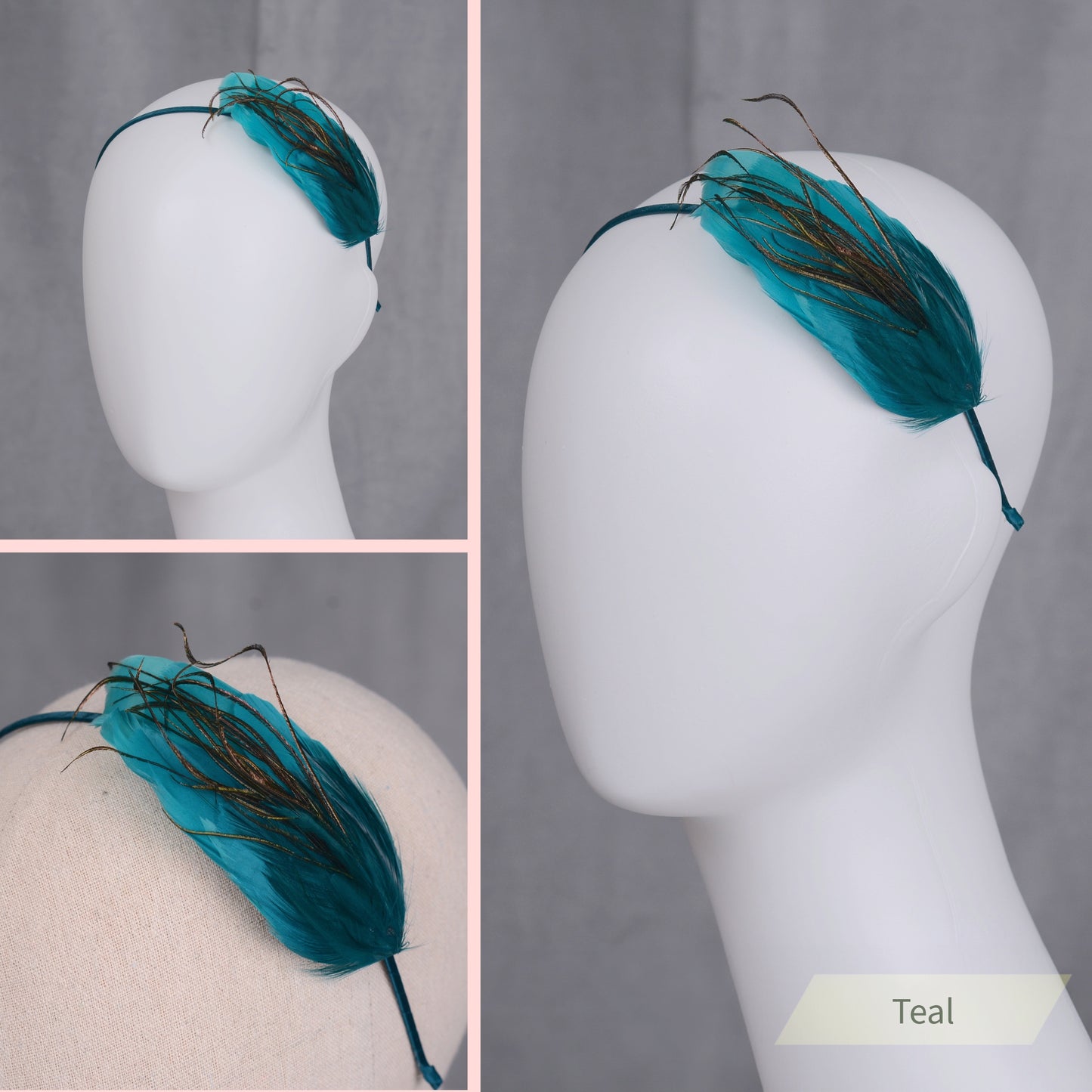 Side Perching Feather Fascinator Headband in Teal, Navy Blue, Plum, Red, Green or Black