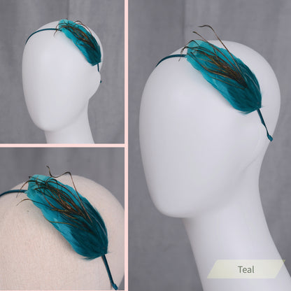Side Perching Feather Fascinator Headband in Teal, Navy Blue, Plum, Red, Green or Black