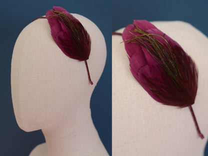 Side Perching Feather Fascinator Headband in Teal, Navy Blue, Plum, Red, Green or Black