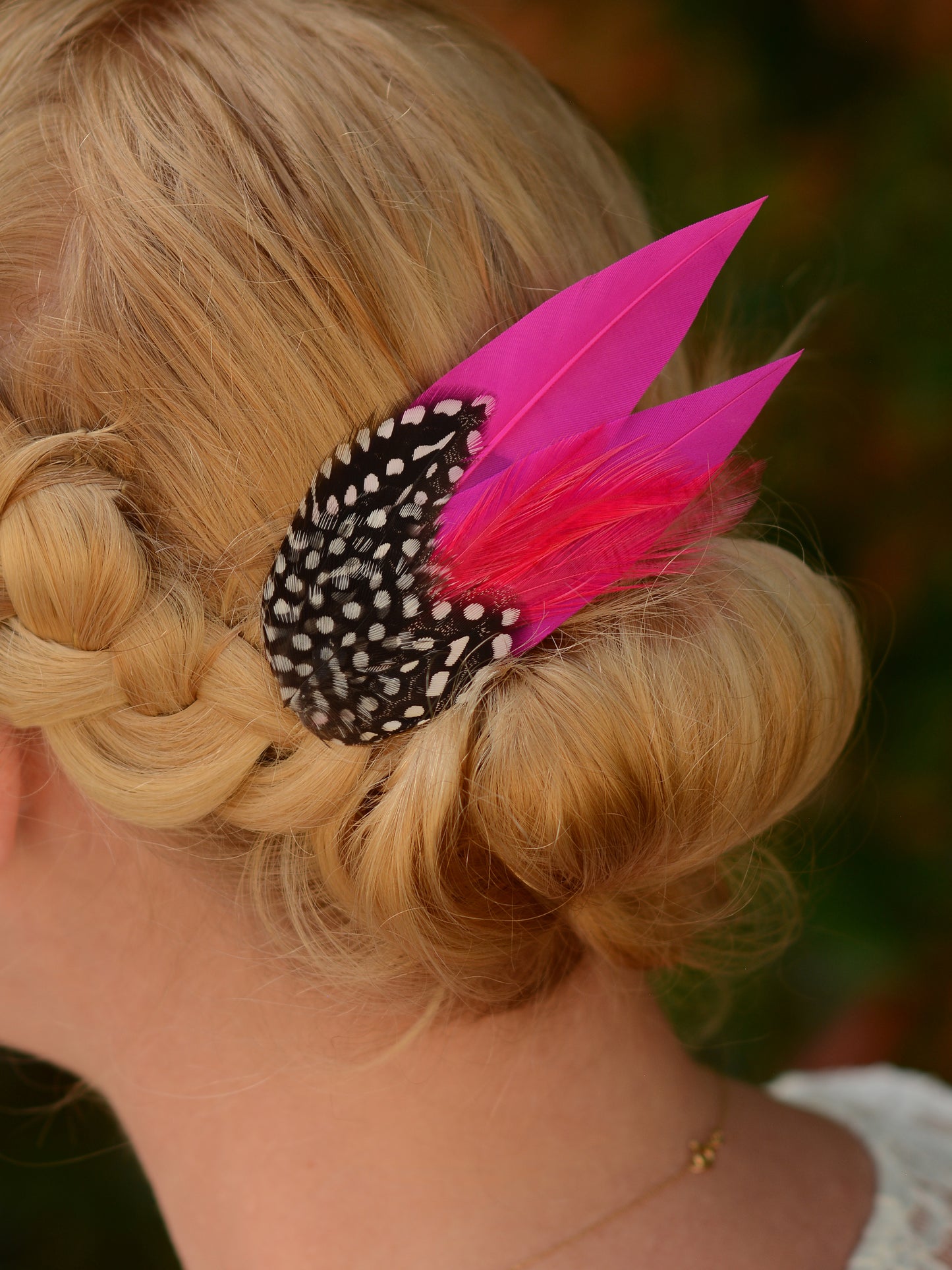 Hot Pink Feather Hair Clip with Polka Dot Spotted Feathers