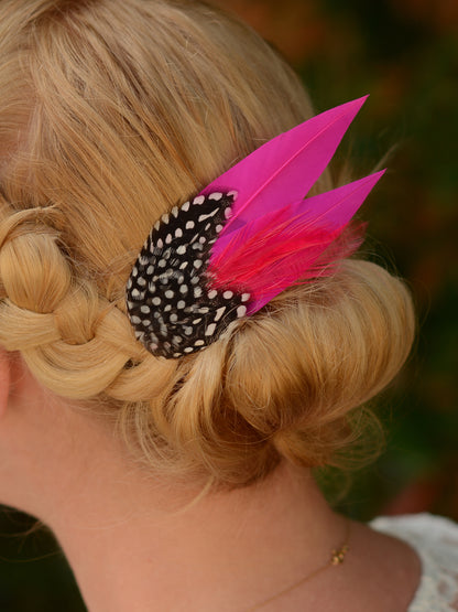 Hot Pink Feather Hair Clip with Polka Dot Spotted Feathers