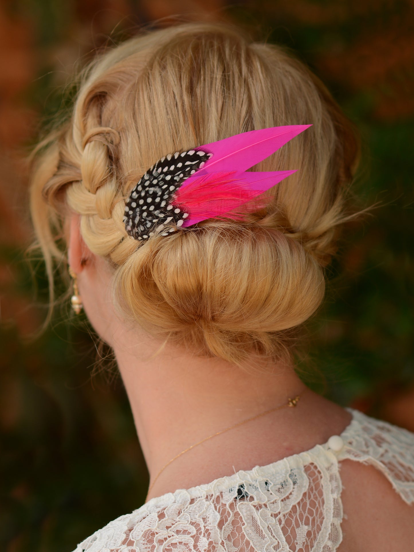 Hot Pink Feather Hair Clip with Polka Dot Spotted Feathers