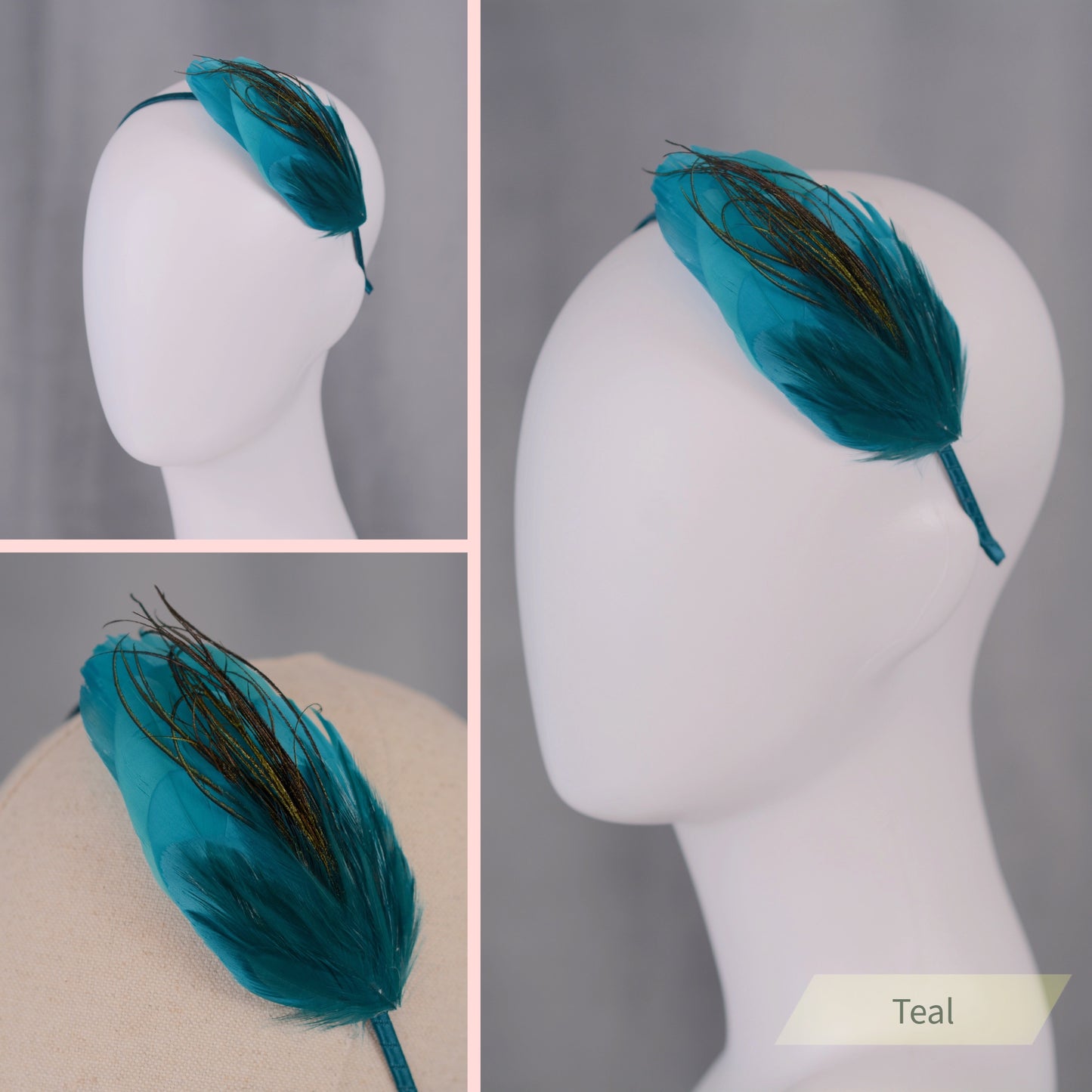 Side Perching Feather Fascinator Headband in Teal, Navy Blue, Plum, Red, Green or Black