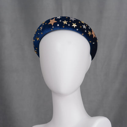 Celestial Padded Velvet Sequin Headband with Gold and Silver Stars in Navy Blue or Dusky Pink