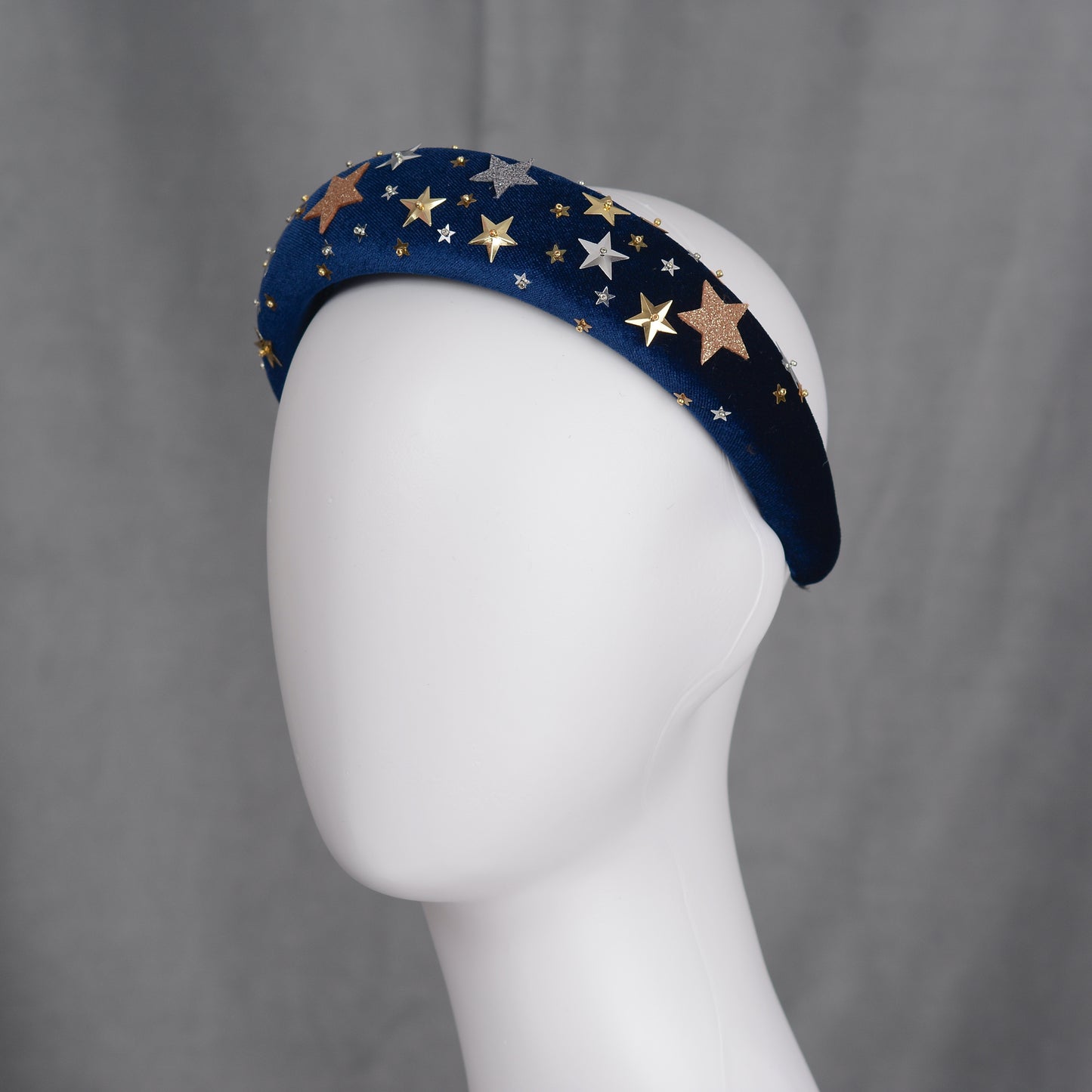 Celestial Padded Velvet Sequin Headband with Gold and Silver Stars in Navy Blue or Dusky Pink
