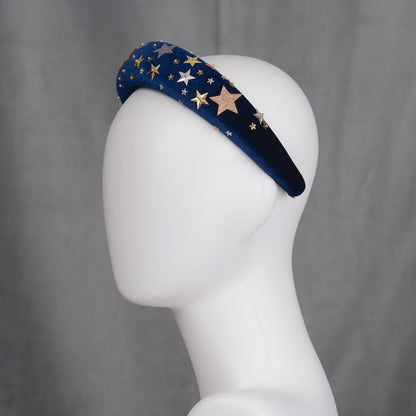 Celestial Padded Velvet Sequin Headband with Gold and Silver Stars in Navy Blue or Dusky Pink