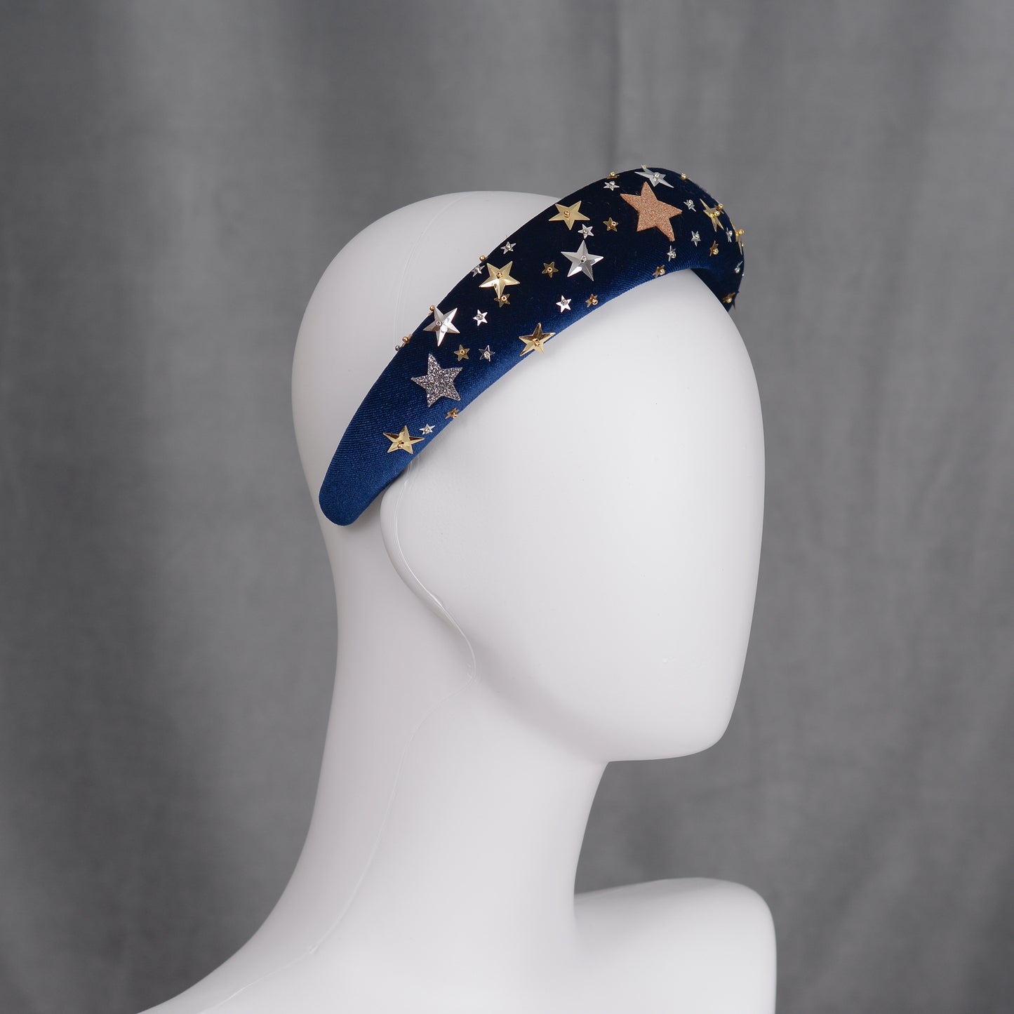 Celestial Padded Velvet Sequin Headband with Gold and Silver Stars in Navy Blue or Dusky Pink