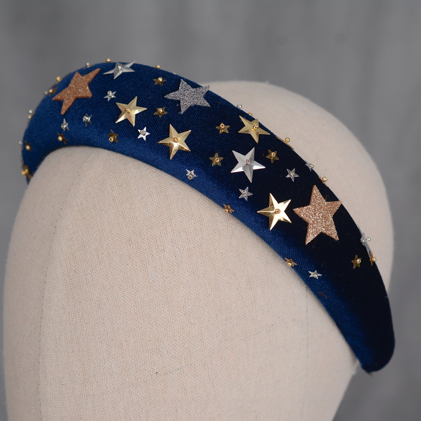 Celestial Padded Velvet Sequin Headband with Gold and Silver Stars in Navy Blue or Dusky Pink