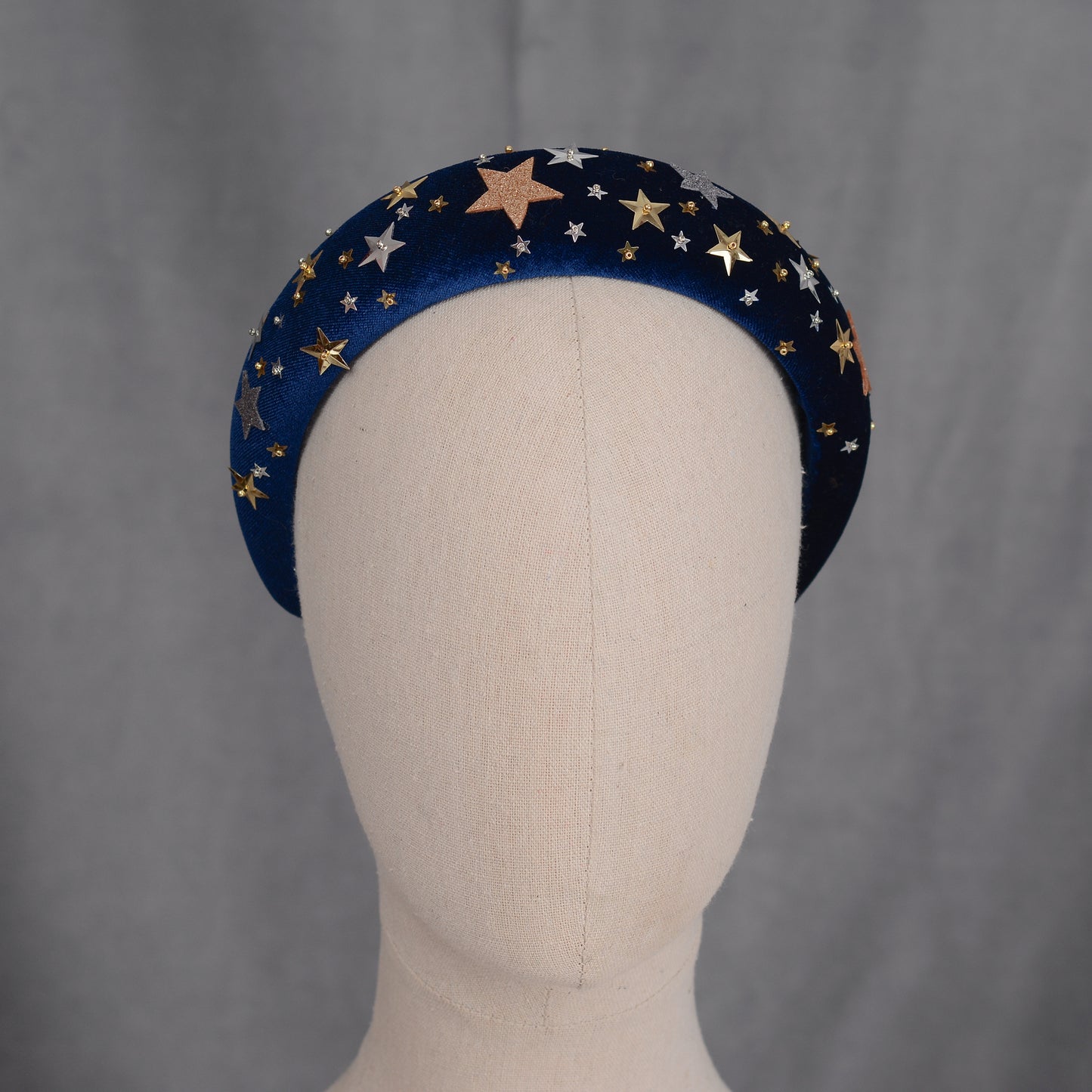 Celestial Padded Velvet Sequin Headband with Gold and Silver Stars in Navy Blue or Dusky Pink