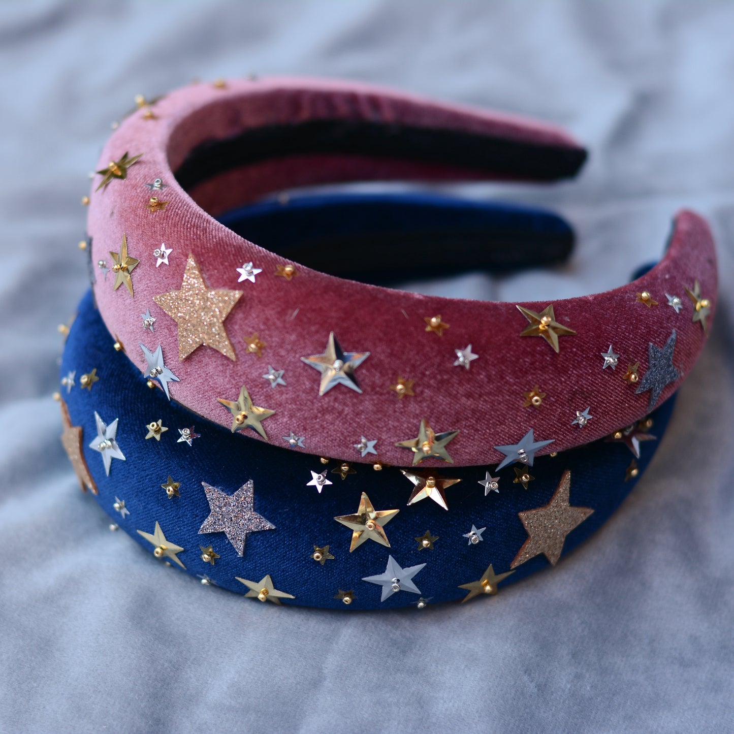 Celestial Padded Velvet Sequin Headband with Gold and Silver Stars in Navy Blue or Dusky Pink